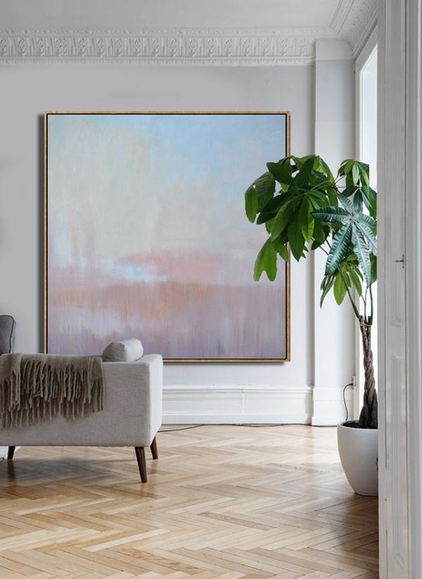 Handmade Large Painting,Abstract Landscape Oil Painting,Large Wall Art Home Decor,Sky Blue,Pink,Light Yellow.etc
